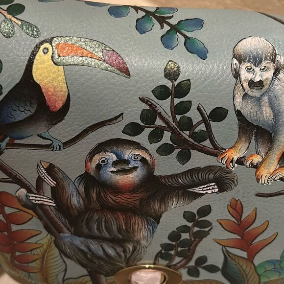 Anuschka Painted Sloth Jungle Print Front Flap Messenger Bag Blue Leather NWT - Picture 12 of 15